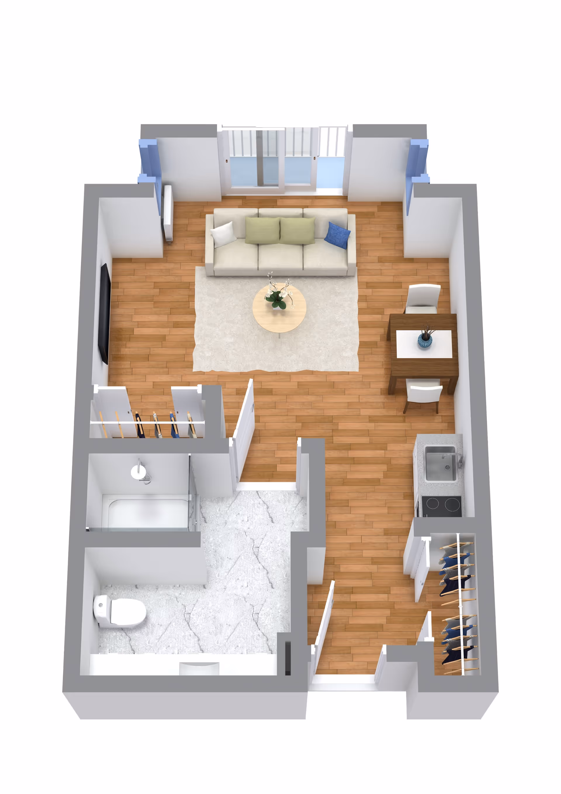 3D floor plan of a small apartment featuring a living area with a sofa, coffee table, and TV, a dining table with two chairs, a kitchenette with a sink and stove, a bathroom with a toilet, sink, and shower, and two closets with hanging clothes.