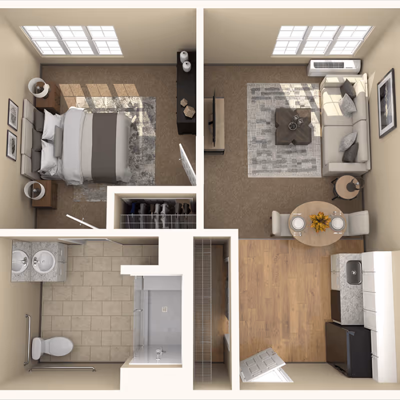 Top-down floor plan rendering of a one-bedroom apartment showing a bedroom, living room, kitchen with dining nook, closet, and bathroom.