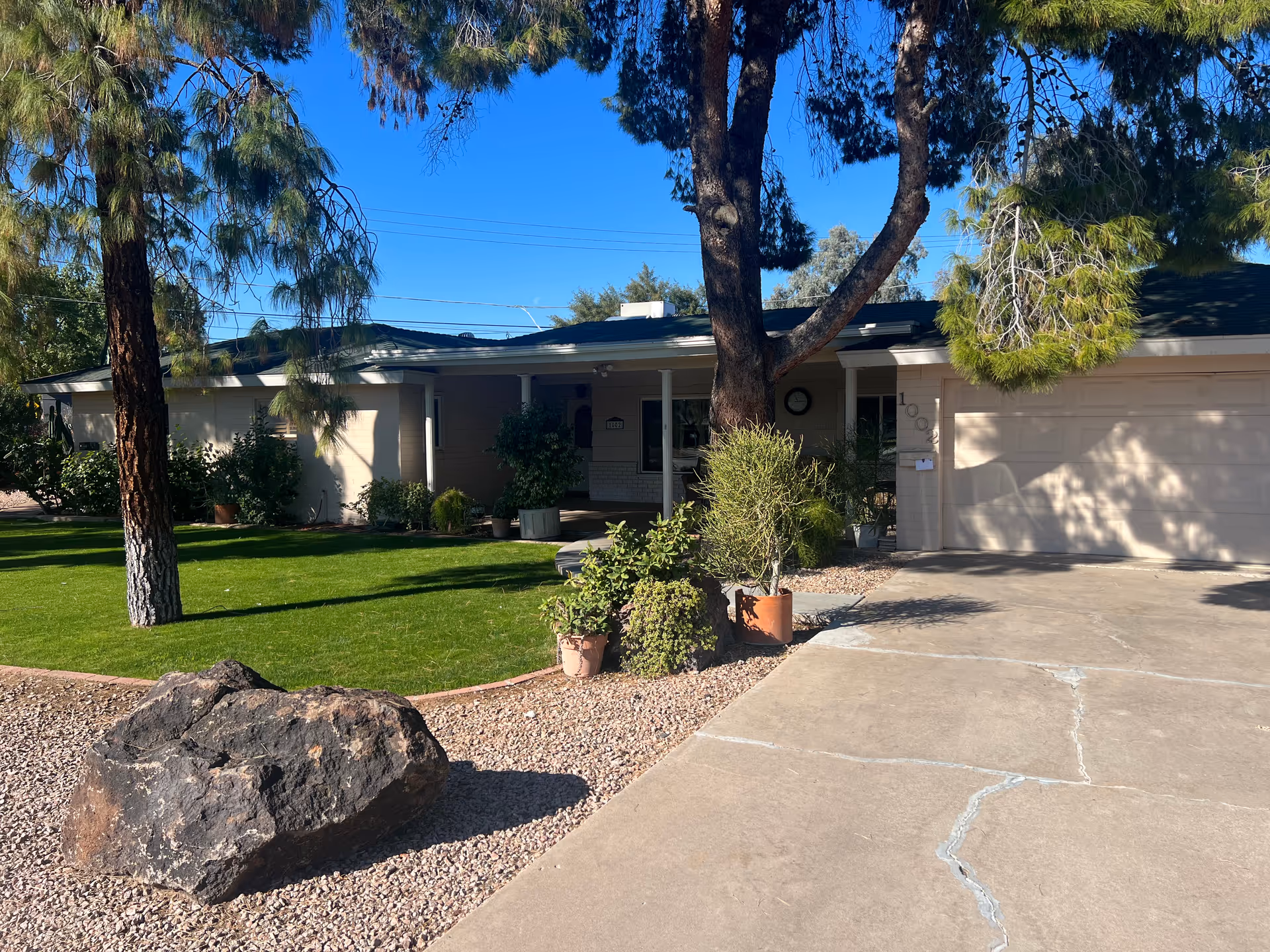 Front exterior view of a single-story residential building with a green lawn, several trees, potted plants, a large rock, and a concrete driveway under a clear blue sky.