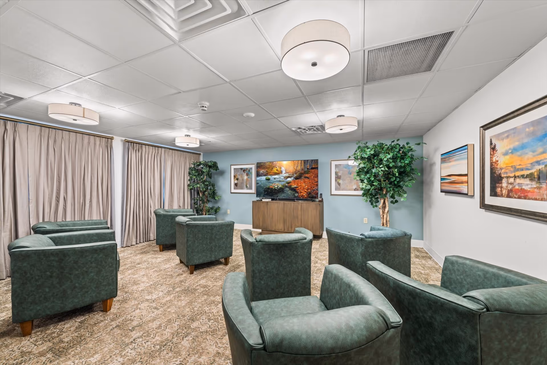 A cozy lounge area with six green armchairs arranged in two rows facing a flat-screen TV mounted on a wooden cabinet. The room has beige patterned carpet, light blue and white walls adorned with framed landscape paintings, two artificial plants, and ceiling-mounted round light fixtures. Large beige curtains cover the windows on one side.