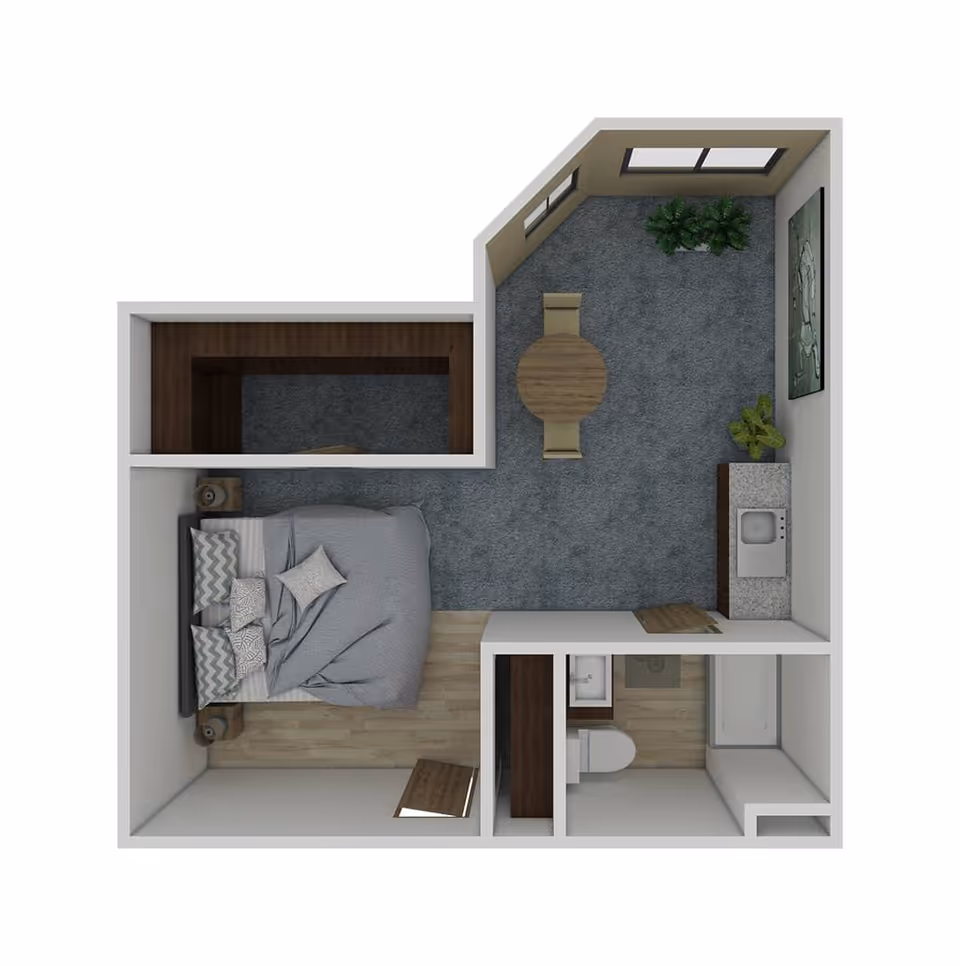 Top-down view of a senior living apartment floor plan featuring a bedroom with a bed and nightstands, a living area with a round table and two chairs, a kitchenette with a sink and countertop, and a bathroom with a toilet, sink, and bathtub. There are windows and plants in the living area.