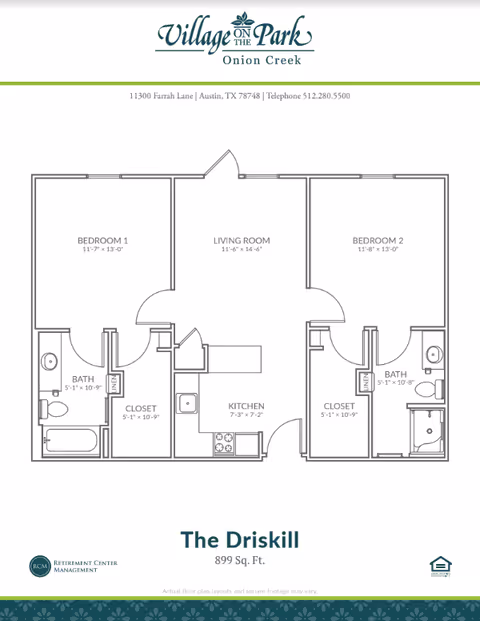Labeled floor plan for a two-bedroom, two-bath apartment called The Driskill with room dimensions and building branding.