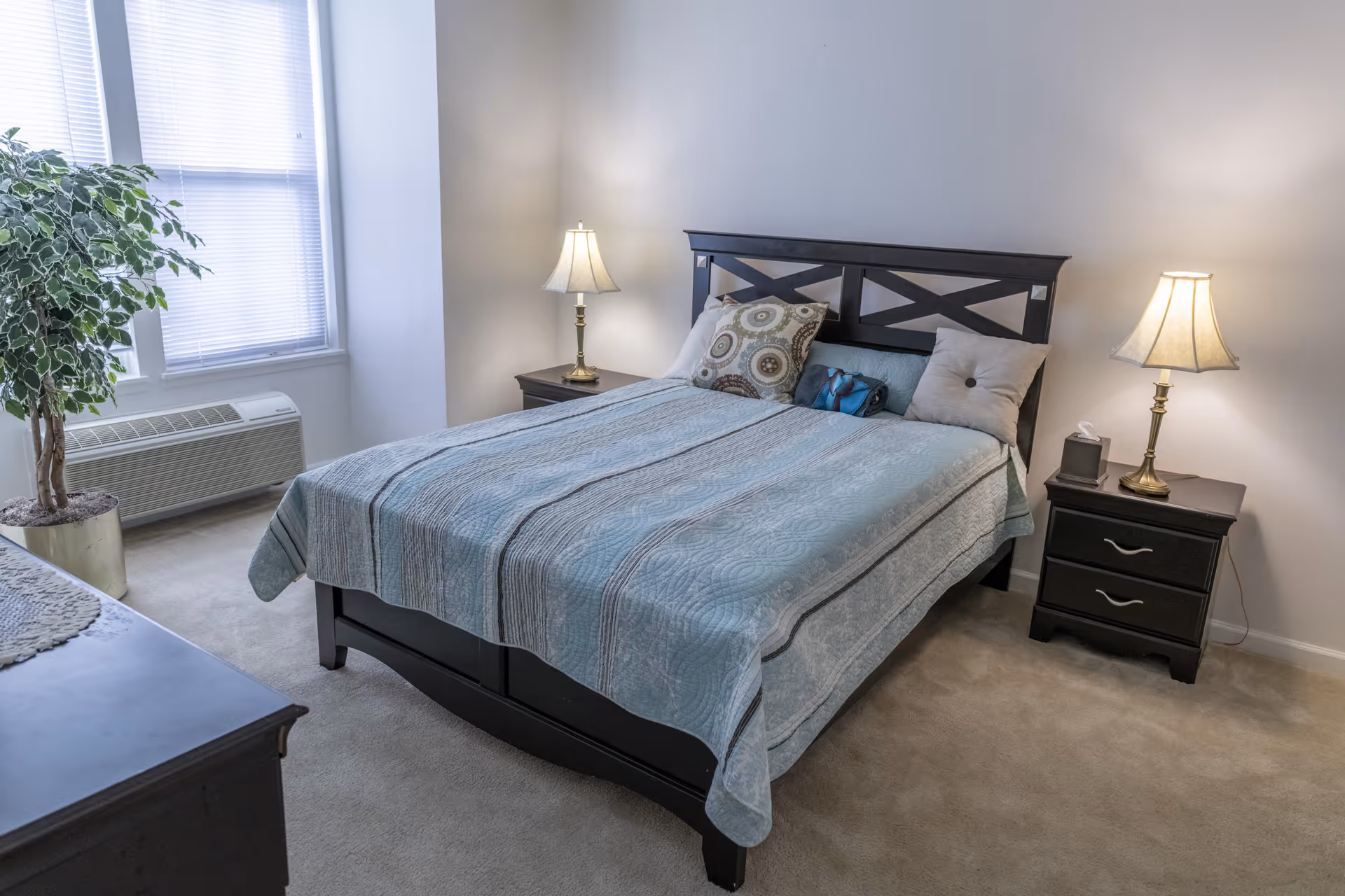 A neatly made bed with a light blue quilt and decorative pillows in a bedroom. There are two bedside tables with lamps on each side of the bed. A large window with blinds and a potted plant are visible on the left side of the room. The room has light-colored walls and carpeted floor.