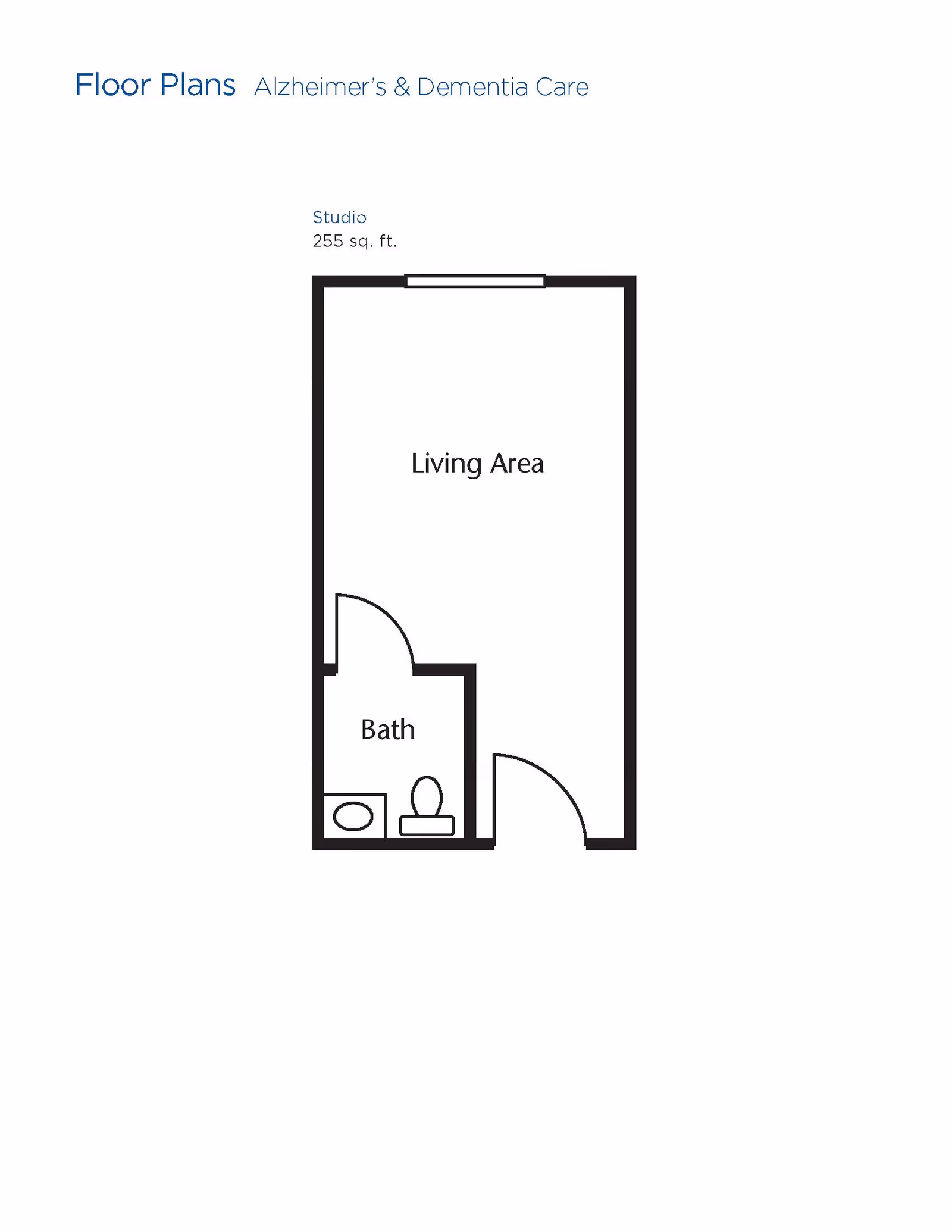Floor plan for a studio apartment designed for Alzheimer's and Dementia care, showing a living area and a bathroom with a toilet and sink, totaling 255 square feet.