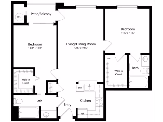 Black and white architectural floor plan of a two-bedroom apartment at Overture Rancho Santa Margarita, showing two bedrooms each with walk-in closets, two bathrooms, a combined living and dining room, a kitchen with appliances, an entryway, and a patio/balcony area.
