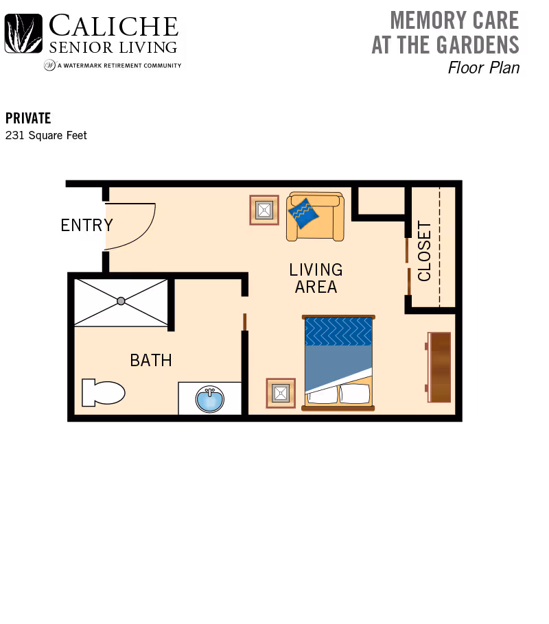 Floor plan of a memory care unit at The Gardens by Caliche Senior Living, showing a living area with a chair, bed, two side tables, a closet, and a bathroom with a toilet, sink, and shower.