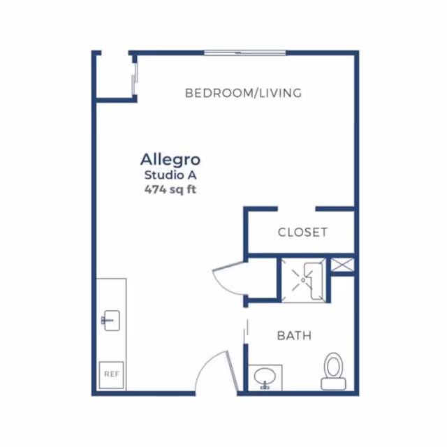 Floor plan of Allegro Studio A at Greeley Village, showing a 474 square feet studio layout with a combined bedroom and living area, a closet, a bathroom with a shower, sink, and toilet, and a kitchen area with a refrigerator and sink.