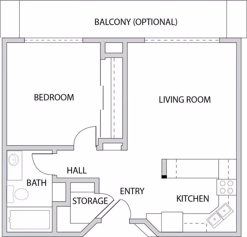 Architectural floor plan of a residential unit showing a bedroom, living room, kitchen, bathroom, hall, storage area, entry, and an optional balcony.