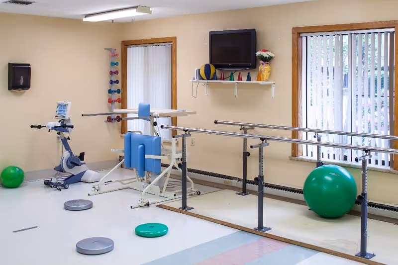 A physical therapy room with parallel bars for walking exercises, a stationary exercise bike, various exercise balls, balance pads on the floor, and a wall-mounted TV above a shelf holding colorful cones and a vase with flowers. The room has beige walls, two windows with vertical blinds, and a light-colored floor.