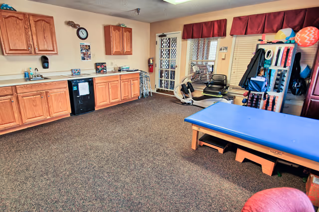 A room with wooden cabinets along one wall, a clock, and various small items on the countertop. The room has carpeted flooring and contains exercise equipment including a stationary bike, a blue padded therapy table, and a rack with exercise bands and balls. There is a window with red valances and a door with a security screen.