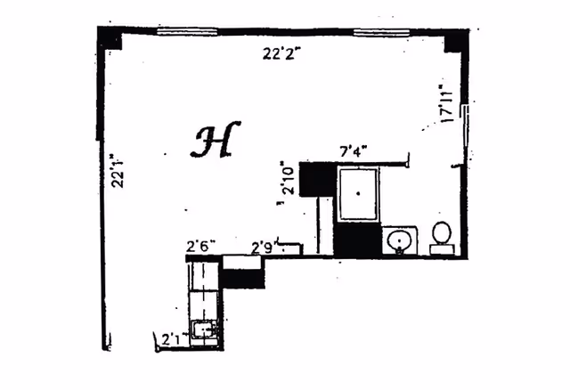 Black-and-white floor plan of a studio-style unit showing room dimensions, a kitchenette area, and a bathroom with sink, toilet, and tub.