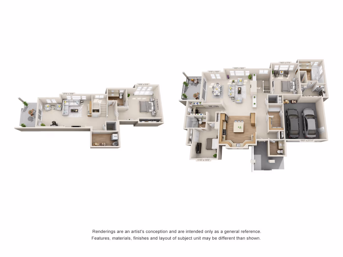 3D floor plan rendering of a two-level residential unit showing various rooms including living rooms, bedrooms, bathrooms, kitchen, dining area, garage, and outdoor patio spaces with furniture placement and room dimensions.