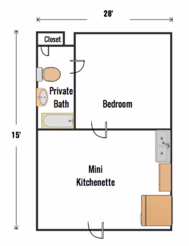 Floor plan of a living space at Valley Park Manor Assisted Living & Memory Care showing a bedroom, a private bath with a closet, and a mini kitchenette. The layout includes dimensions of 28 feet by 15 feet.