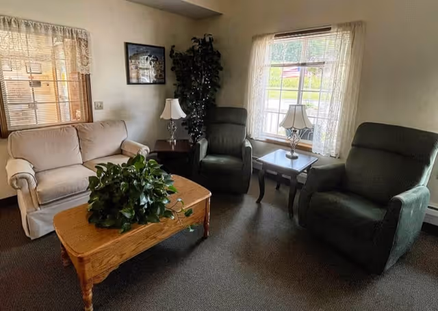 A cozy living room with a beige loveseat, two green armchairs, a wooden coffee table with a green leafy plant on it, two side tables each with a lamp, a framed picture on the wall, and two windows with lace curtains letting in natural light.