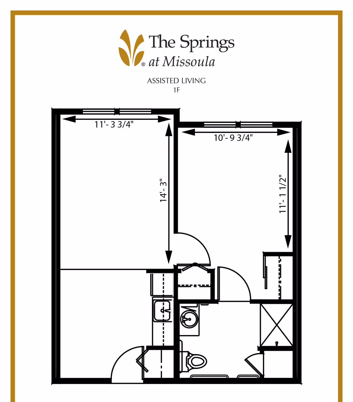 Floor plan layout of an assisted living unit at The Springs at Missoula showing room dimensions, a bathroom with toilet and sink, a kitchen area with a sink, and two main rooms.