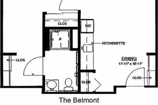 Black-and-white floor plan titled 'The Belmont' showing a kitchenette, dining area, bathroom with shower and toilet, and multiple closets.