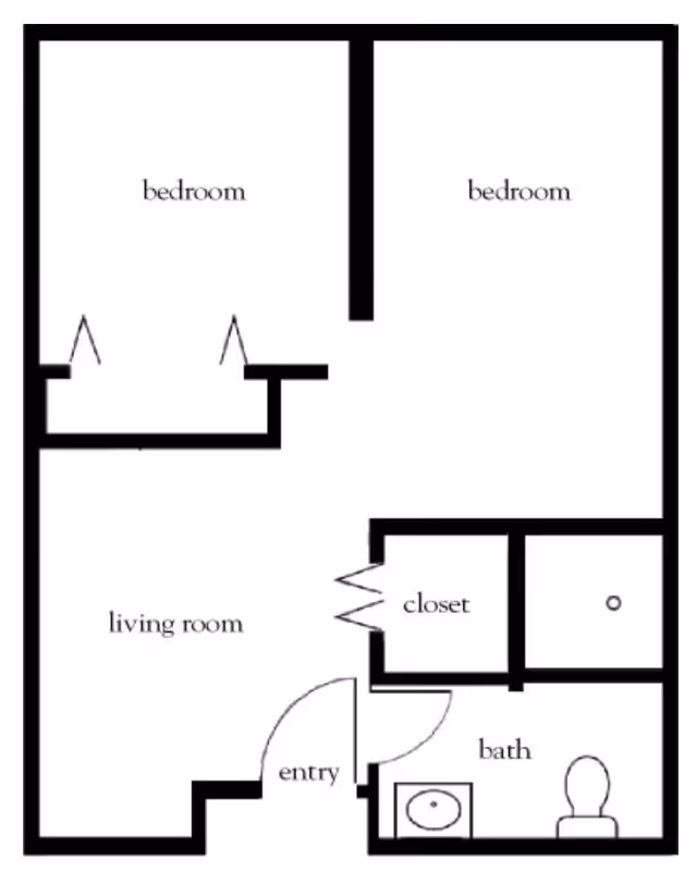 Black and white architectural floor plan showing two bedrooms, a living room, a closet, a bathroom with a sink and toilet, and an entry area.