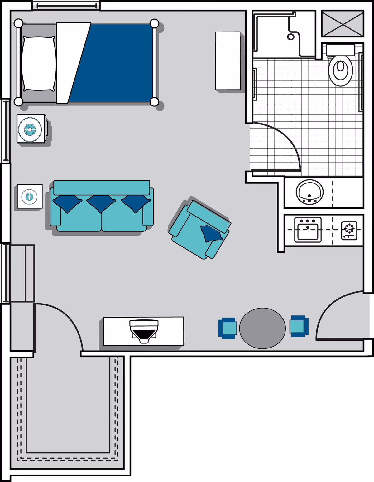 Floor plan of a studio apartment featuring a bed, sofa, armchair, small dining table with two chairs, kitchenette with sink and stove, and a bathroom with shower, toilet, and sink.