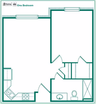 One-bedroom floor plan in green lines showing a kitchen with appliances, an open living area, a bedroom, a bathroom with tub and toilet, and closets.