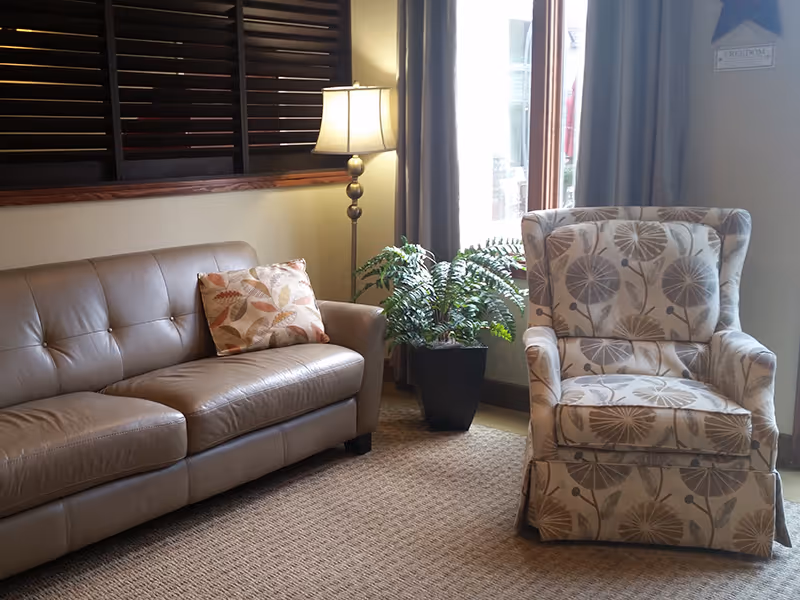 A cozy living room area with a beige leather sofa adorned with a decorative pillow featuring a leaf pattern, a patterned armchair with floral designs, a floor lamp with a white shade, a potted green plant, and a window with curtains allowing natural light to enter.