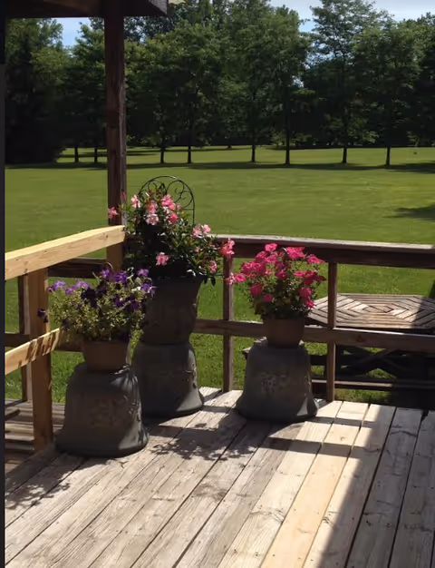 A wooden deck with three flower pots containing colorful flowers in shades of pink and purple. The deck overlooks a large, well-maintained grassy lawn with a row of trees in the background under a partly cloudy sky.