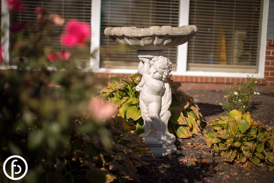 A stone cherub birdbath surrounded by plants in a garden bed outside a building with windows.
