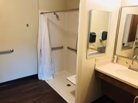 A bathroom with a walk-in shower featuring a white curtain, grab bars on the walls, and a built-in shower seat. There is a sink with a countertop and a mirror above it on the right side of the image.