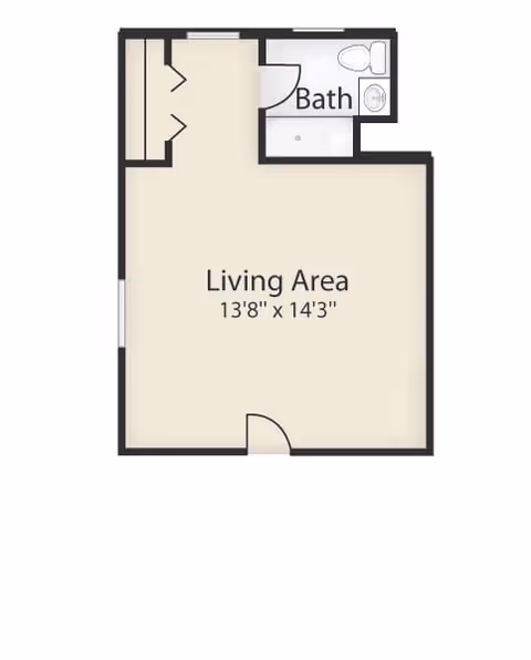 Floor plan of a studio apartment showing a 13'8" x 14'3" living area, closet space, and a small bath.