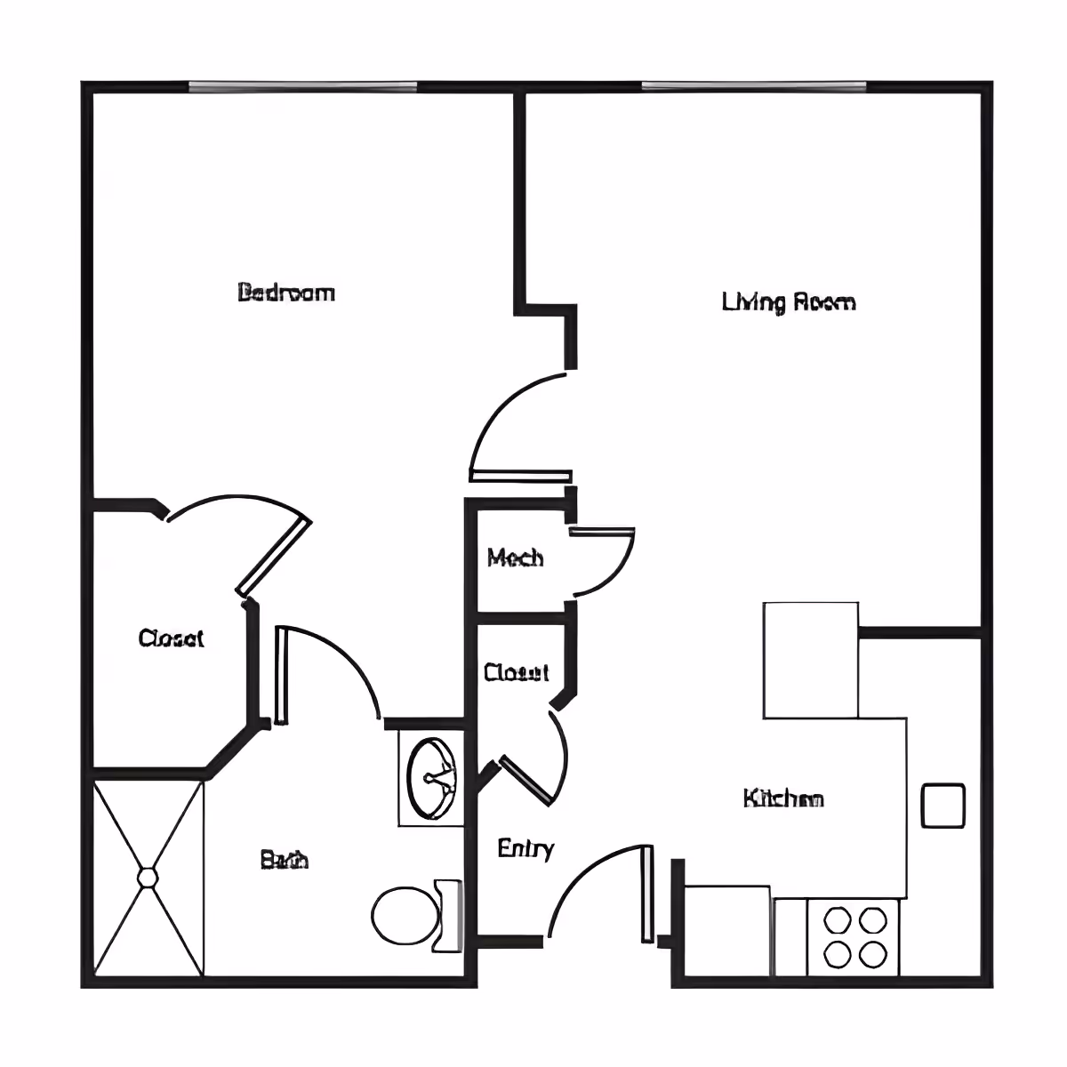 Black-and-white one-bedroom floor plan showing a bedroom, living room, kitchen, bathroom, entry, closets, and a mechanical closet.