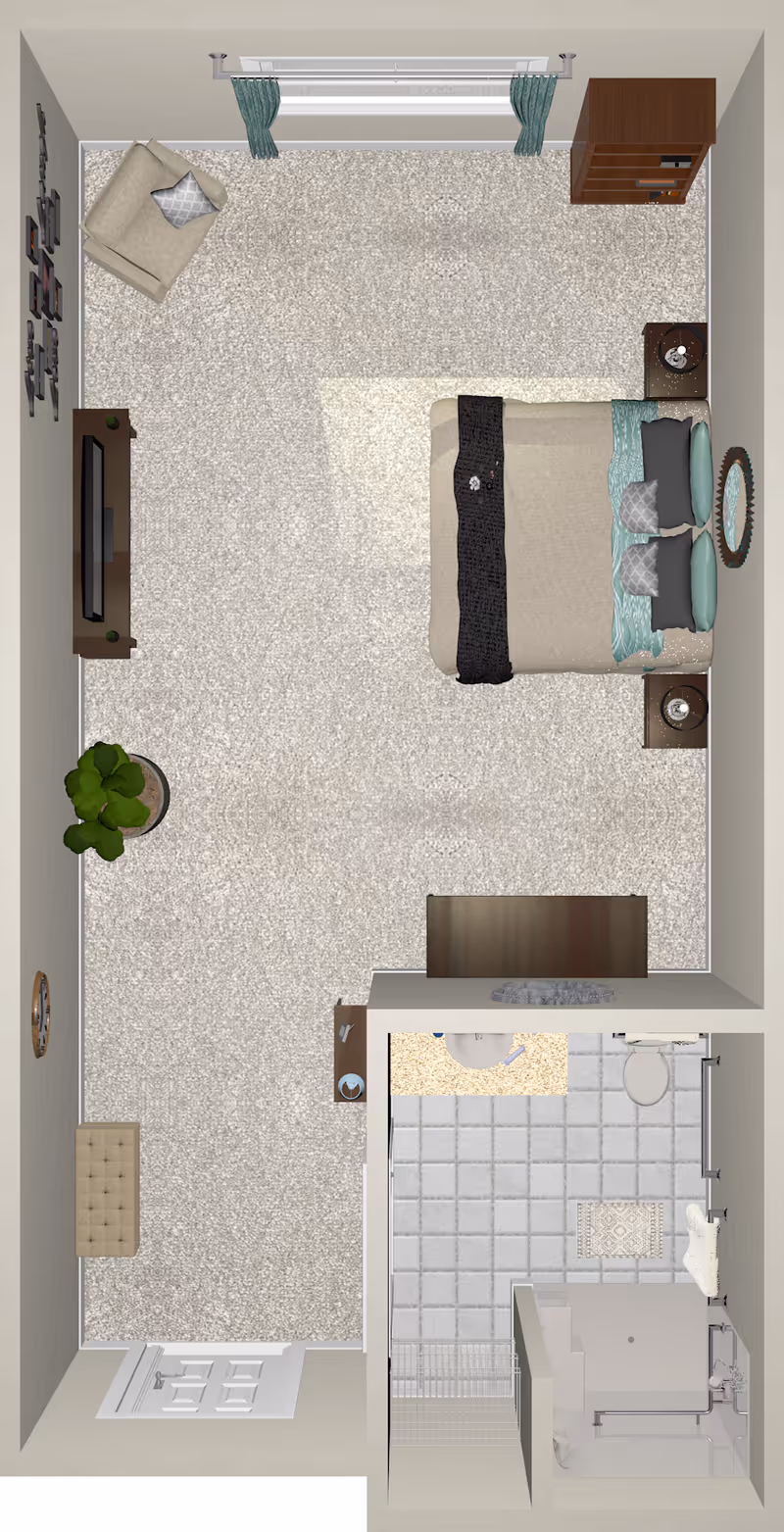Top-down view of a senior living facility room featuring a bedroom and an attached bathroom. The bedroom includes a bed with pillows and a blanket, two nightstands with lamps, a TV on a stand, an armchair with a pillow, a small bench, a plant, a dresser, and wall decorations. The bathroom has a sink with a countertop, a toilet, a shower with a grab bar, and a tiled floor.
