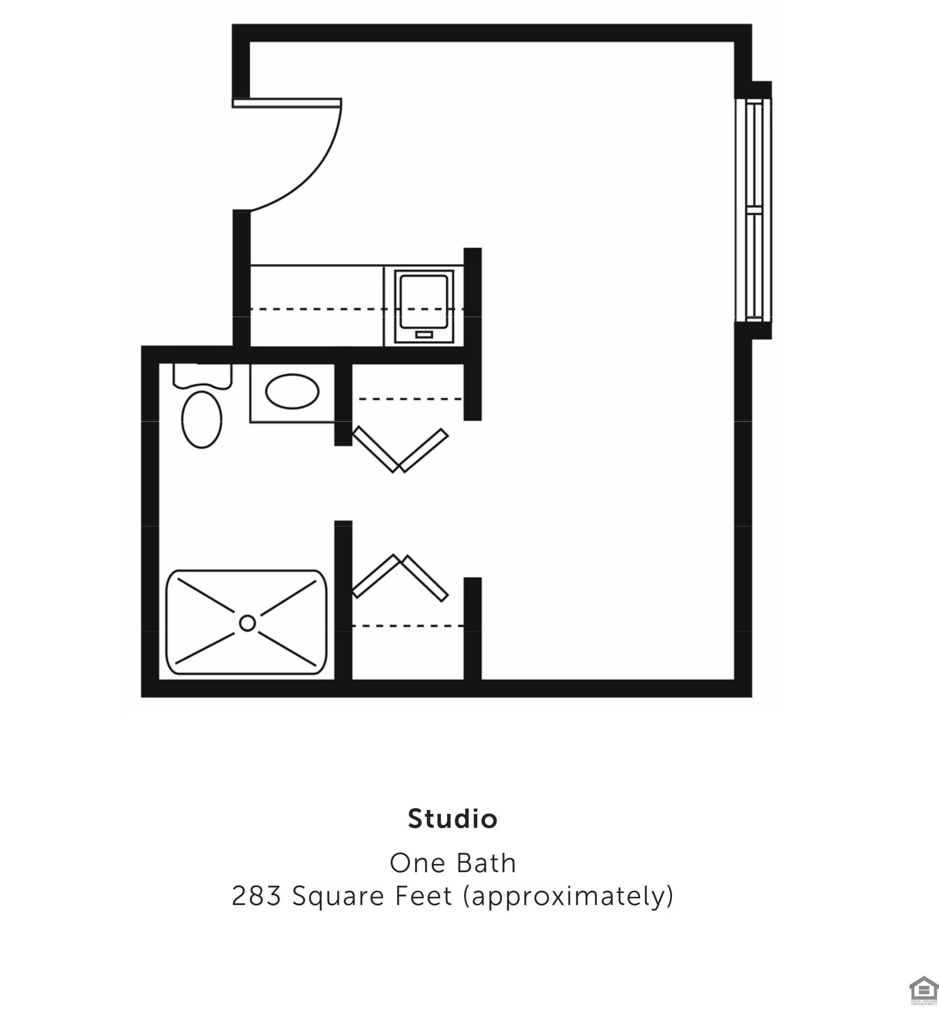 Floor plan of a studio apartment with one bathroom, approximately 283 square feet. The layout includes a main living area, a bathroom with a toilet, sink, and shower, and two closets. The entrance door is located at the top left.