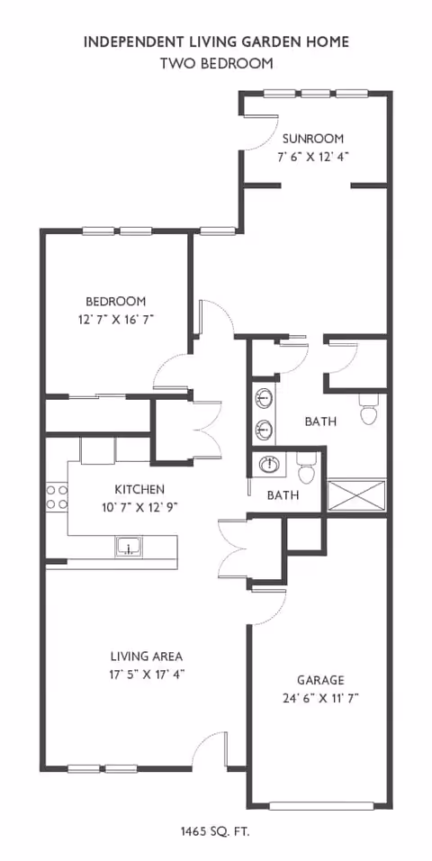 Architectural floor plan of an independent living garden home with two bedrooms, including labeled rooms such as bedroom, kitchen, living area, sunroom, two bathrooms, and a garage. Dimensions for each room are provided.