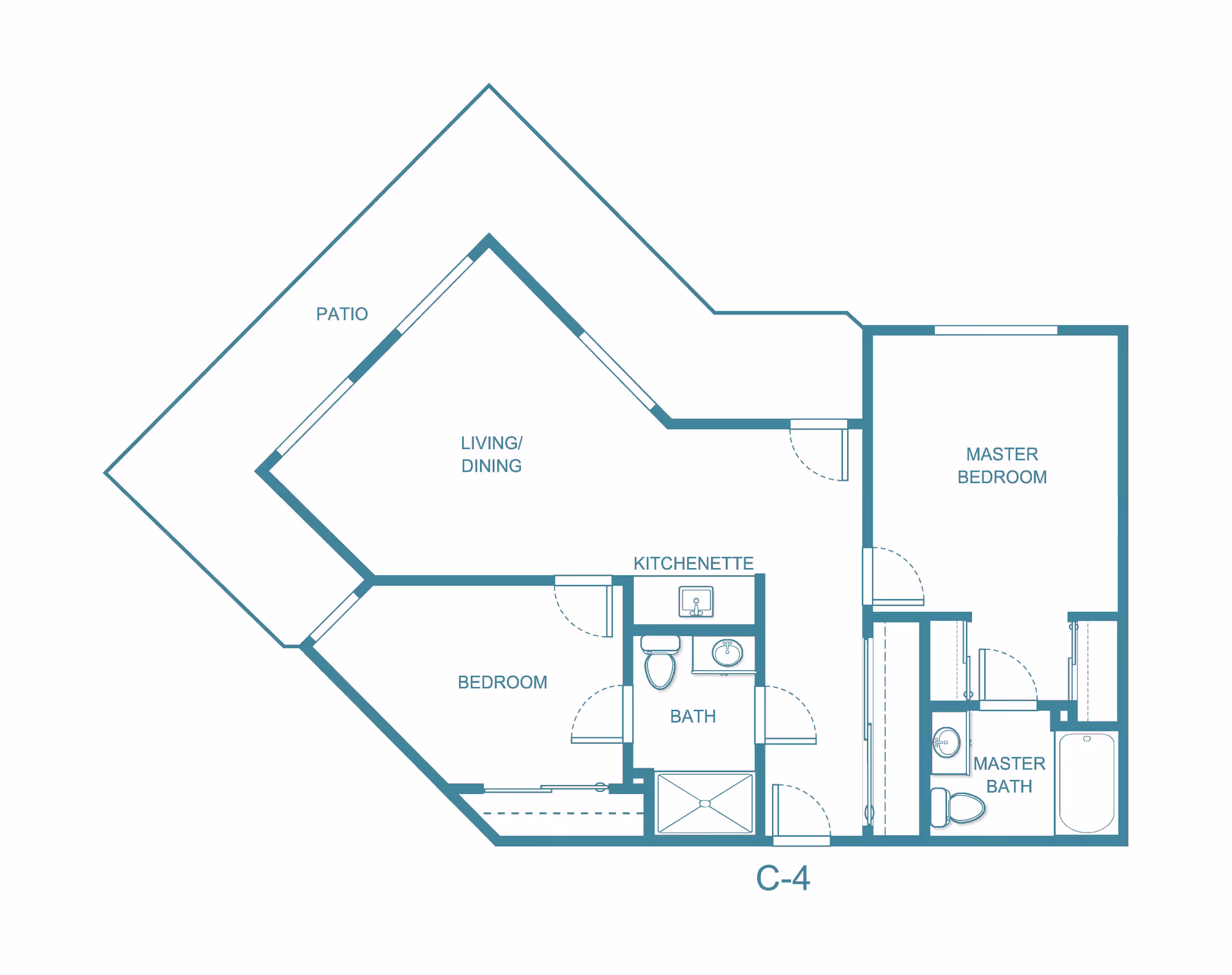 Architectural floor plan of a residential unit at River's Edge By Barclay House showing a patio, living/dining area, kitchenette, bedroom, bath, master bedroom, and master bath.