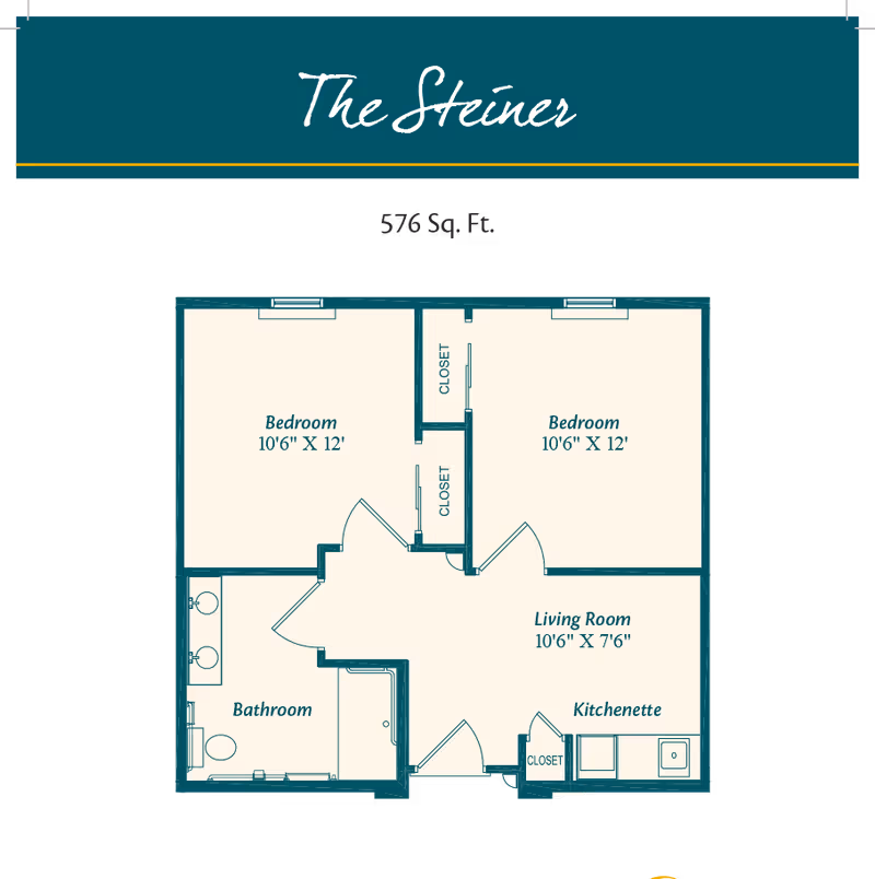 Floor plan titled 'The Steiner' showing a 576 square feet layout with two bedrooms each measuring 10'6" by 12', a bathroom with two sinks and a toilet, a living room measuring 10'6" by 7'6", and a kitchenette with a sink and closet.