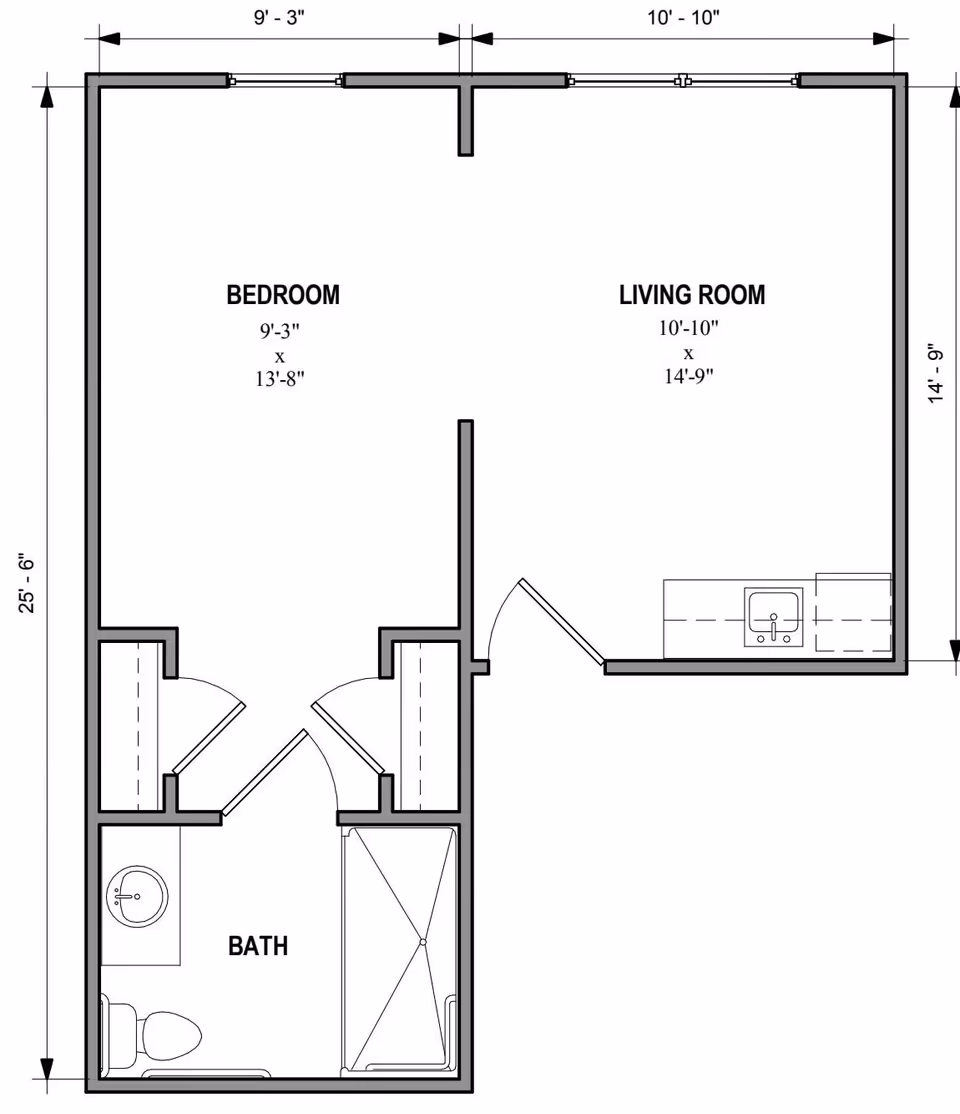 Architectural floor plan of a living space at Carolina Reserve of Hendersonville showing a bedroom, living room, and bathroom with dimensions and fixtures.