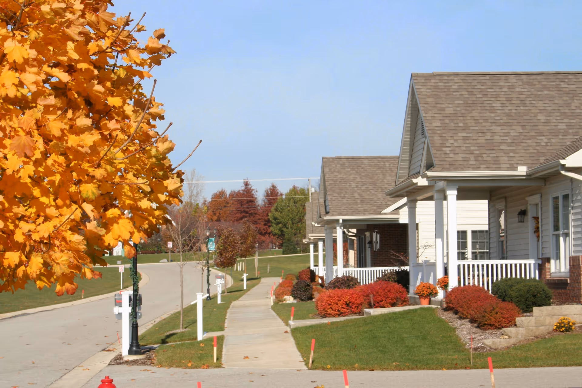 A sidewalk lined with small houses featuring front porches and well-maintained landscaping with bushes and flowers. A tree with bright orange autumn leaves is visible on the left side of the image, and the sky is clear and blue.