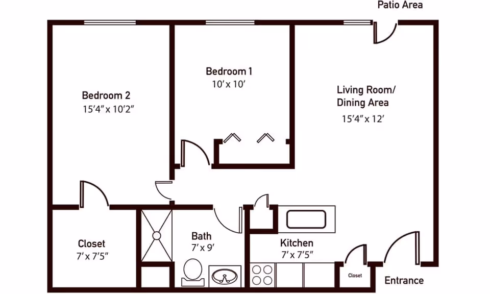 Floor plan of an apartment at Brookstone Estates of Rantoul showing two bedrooms, a bathroom, a kitchen, a living room/dining area, closets, an entrance, and a patio area.