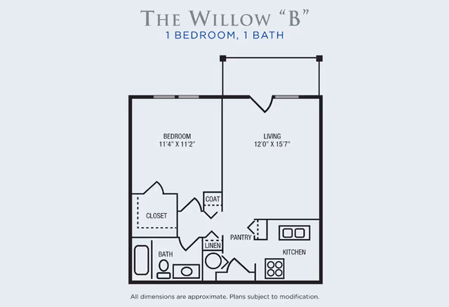 Floor plan of The Willow B apartment with 1 bedroom and 1 bathroom. The layout includes a bedroom measuring 11 feet 4 inches by 11 feet 2 inches, a living room measuring 12 feet by 15 feet 7 inches, a kitchen with pantry, a bathroom, a closet, a coat closet, and a linen closet.
