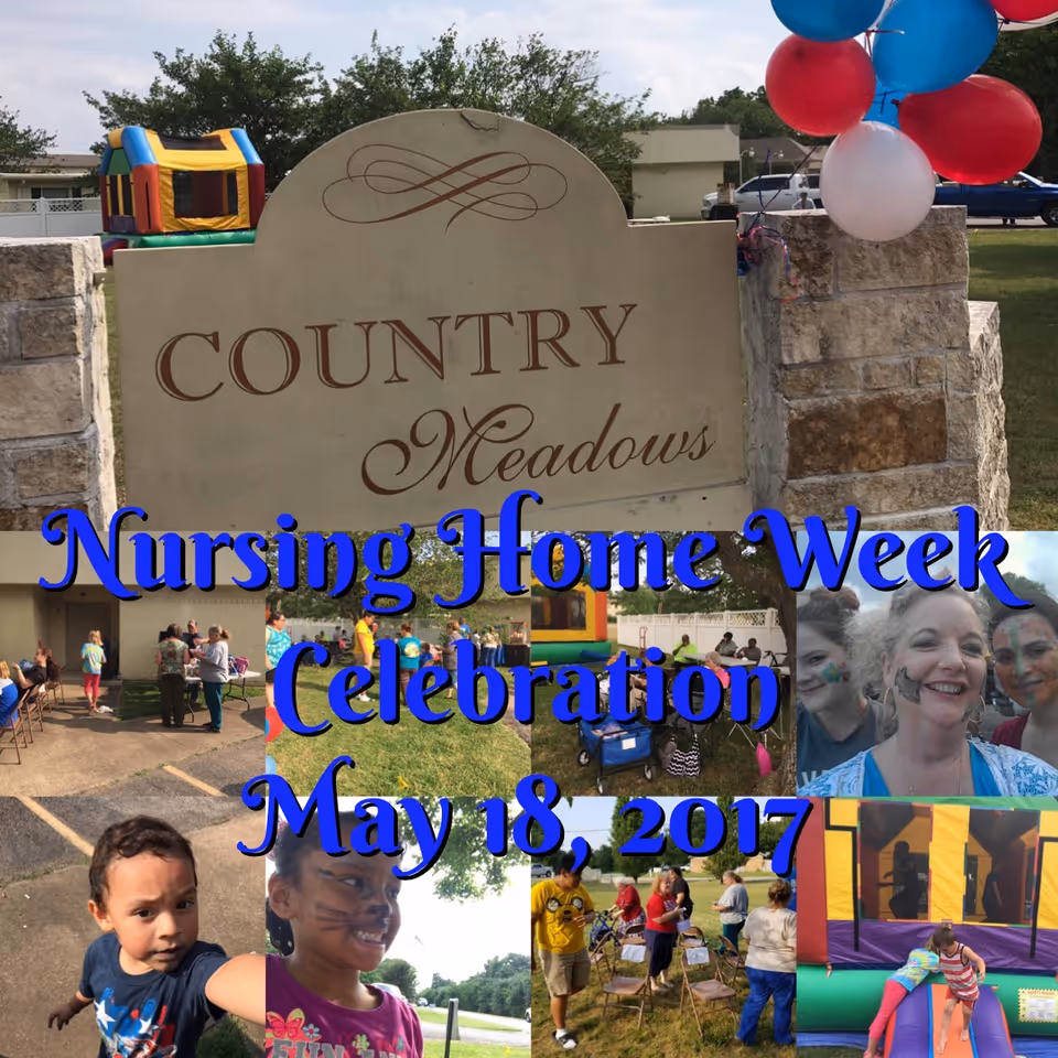 Entrance sign reading 'Country Meadows' with balloons and overlaid photos from an outdoor Nursing Home Week celebration.