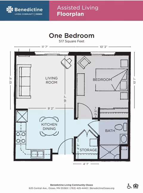 One-bedroom assisted living floor plan showing a living room, kitchen/dining area, bedroom, bathroom, and storage (517 sq ft).