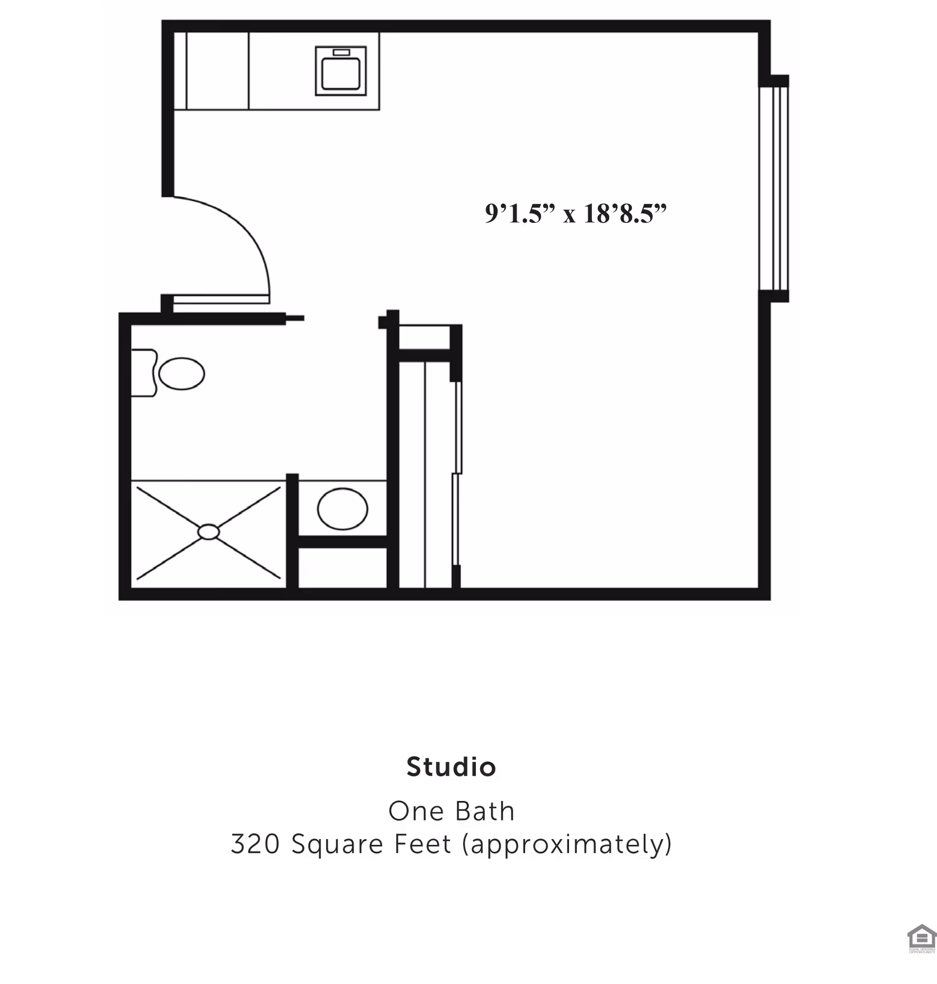 Black-and-white floor plan of a studio apartment showing a kitchenette and one bathroom, labeled 9'1.5" x 18'8.5".