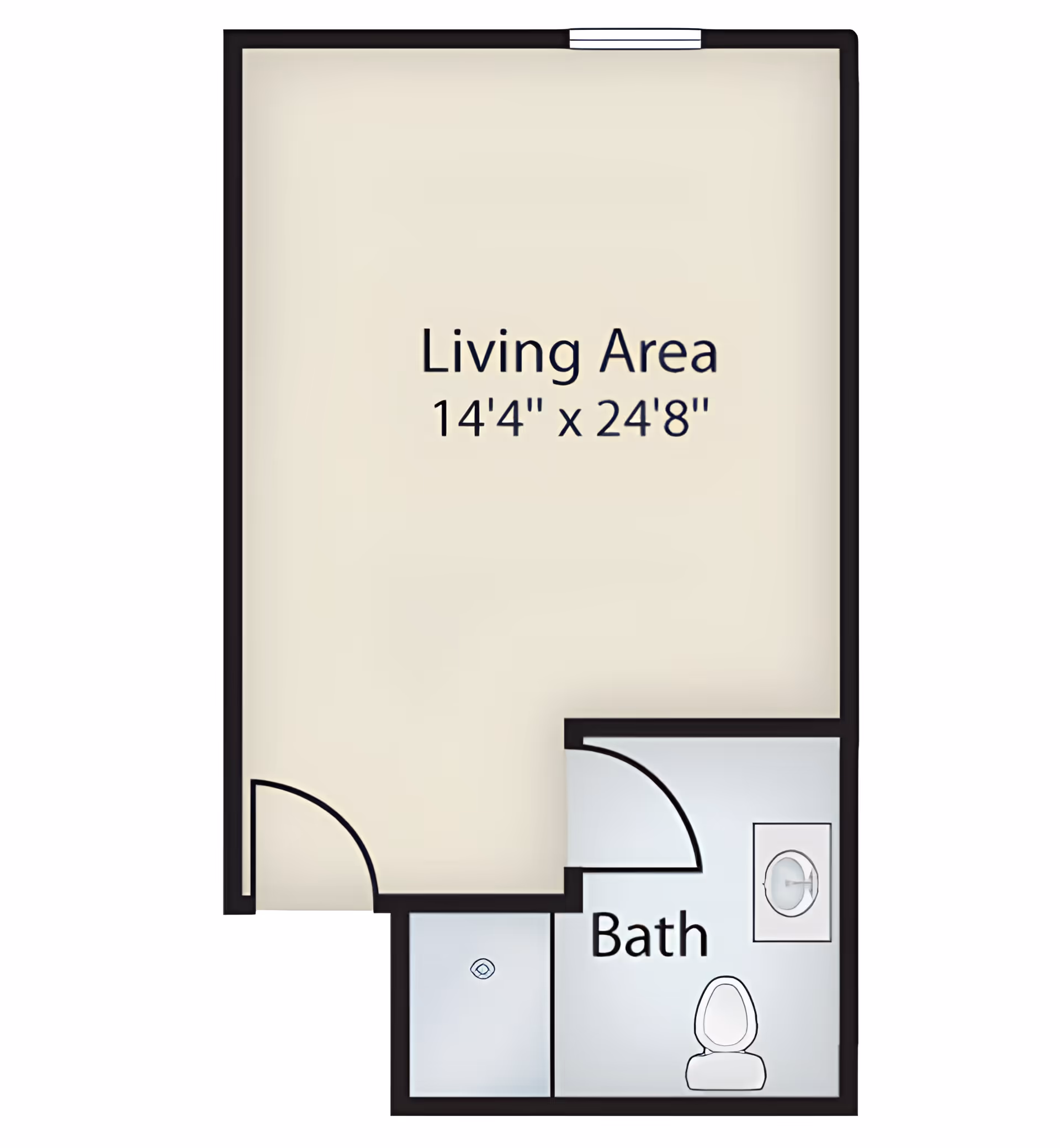 Floor plan showing a living area measuring 14 feet 4 inches by 24 feet 8 inches, connected to a bathroom with a toilet, sink, and shower.