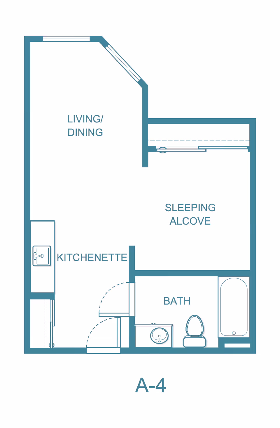 Architectural floor plan labeled A-4 showing a living/dining area, kitchenette, sleeping alcove, and bath with a sink, toilet, and bathtub.