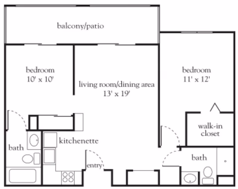 Floor plan layout of a two-bedroom apartment with a balcony/patio, living room/dining area, kitchenette, two bathrooms, and a walk-in closet.
