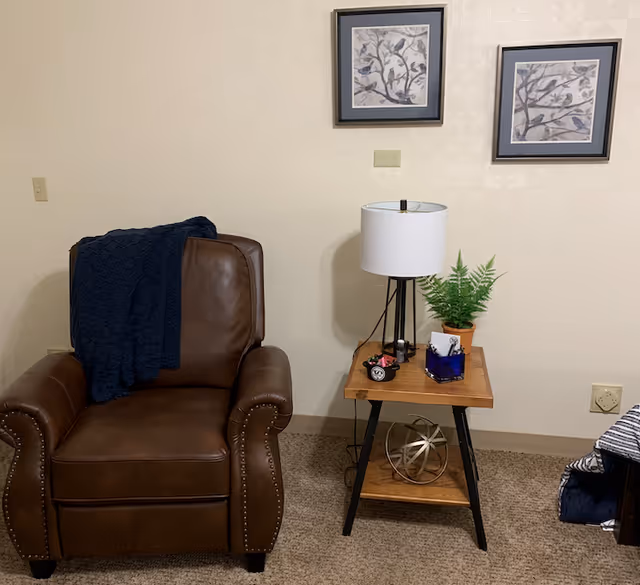 A cozy corner of a room featuring a brown leather armchair with a dark blue knitted blanket draped over one arm. Next to the chair is a wooden side table with black metal legs, holding a white lampshade on a black lamp, a small potted fern, a blue glass container with papers, and a small decorative item. Two framed pictures of birds on branches hang on the beige wall above the table. The floor is carpeted in a neutral tone.