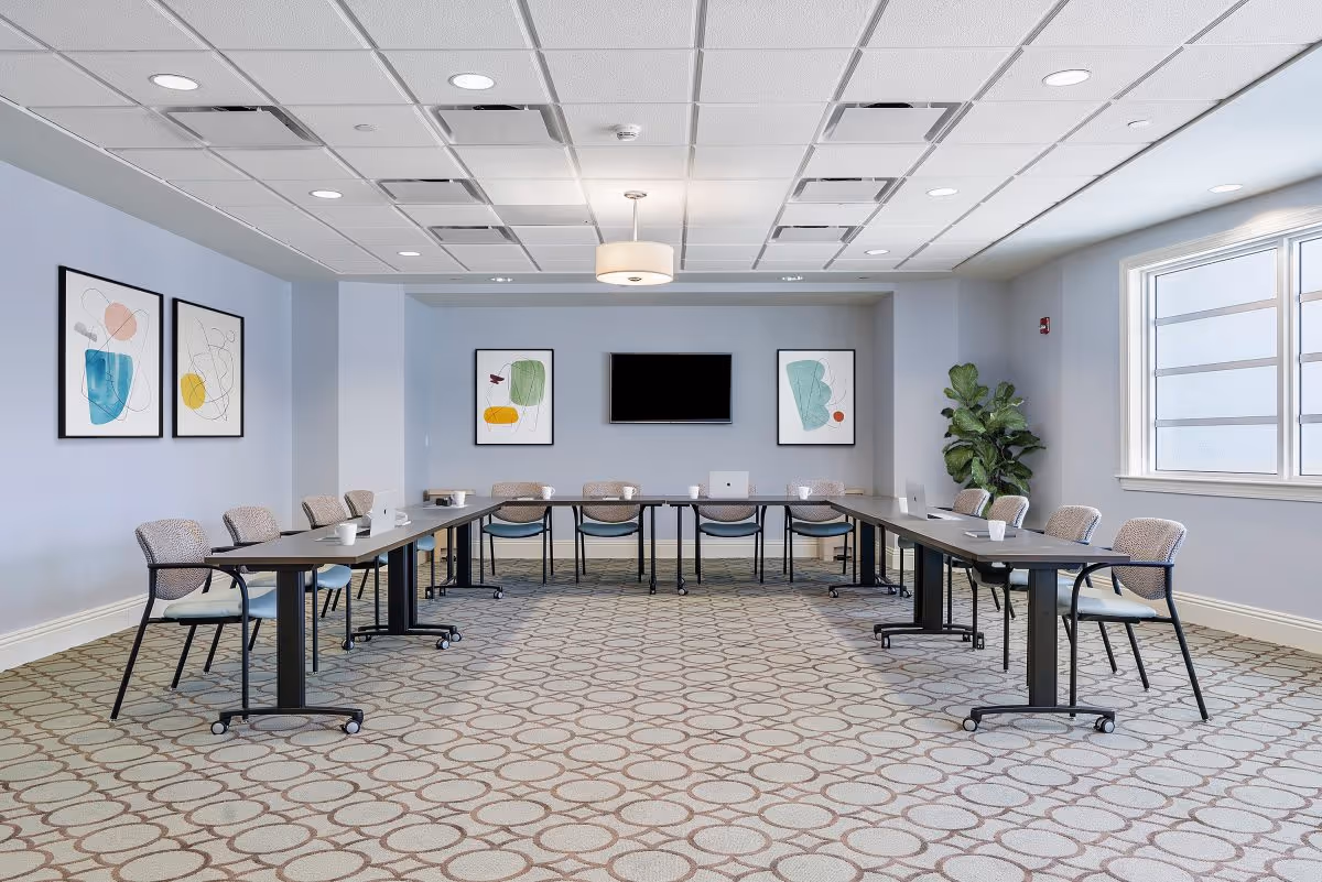 A modern conference or meeting room with a U-shaped arrangement of tables and chairs. The room has light-colored walls adorned with abstract artwork, a patterned carpet, a ceiling light fixture, and a flat-screen TV mounted on the far wall. There is a large window on the right side and a potted plant in the corner.