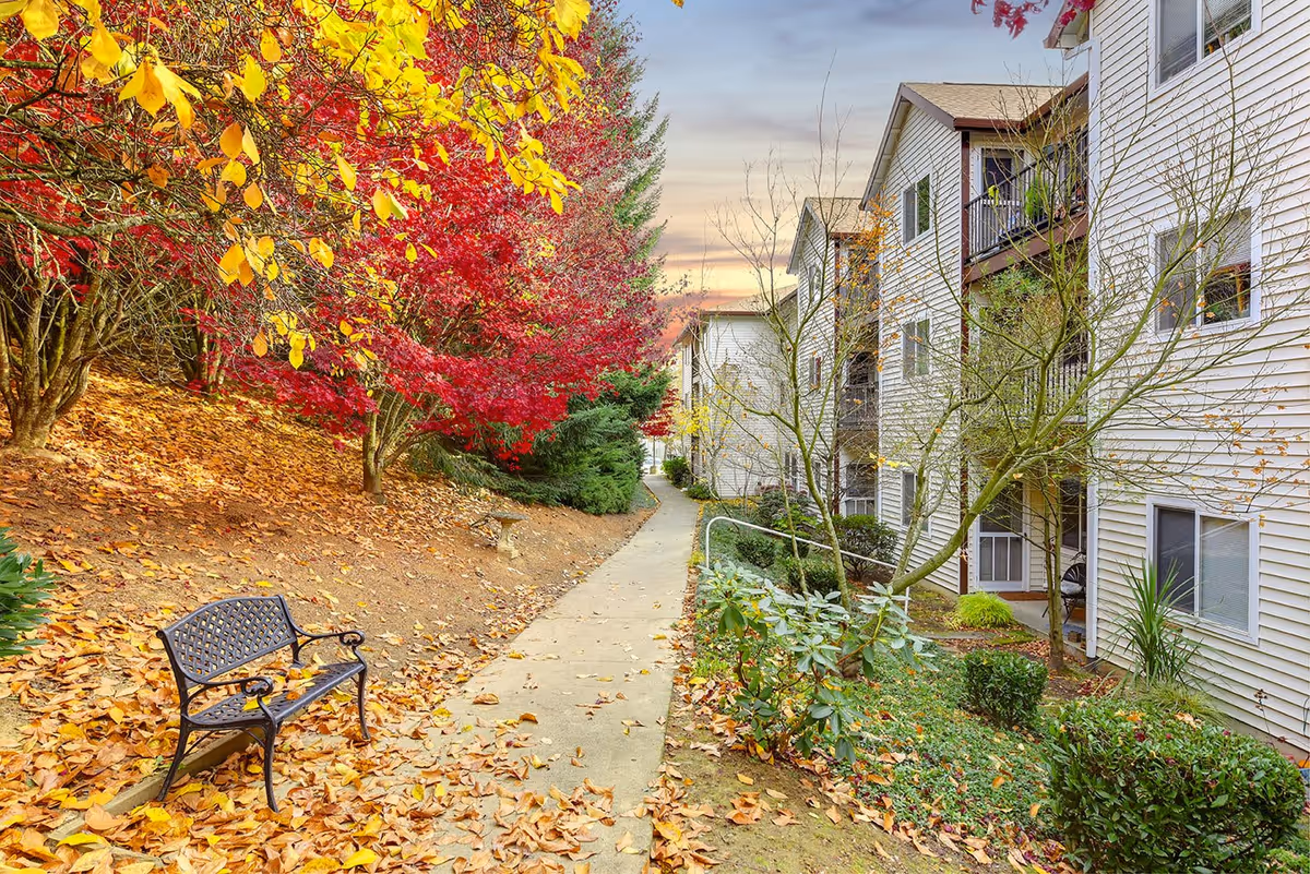 A paved walkway lined with fallen autumn leaves runs between a row of white residential buildings on the right and trees with vibrant yellow and red foliage on the left. A black metal bench is placed on the left side of the path amidst the fallen leaves. The scene is calm and colorful, suggesting a peaceful outdoor area in a residential facility.