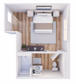 Top-down floor plan of a small studio-style room showing a bed with nightstands, a TV console, wood flooring, and an adjacent bathroom with shower, sink, and toilet.