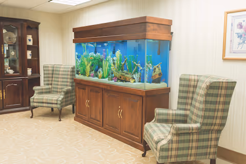 A cozy interior room featuring a large wooden aquarium filled with colorful aquatic plants and decorations. Two plaid upholstered armchairs are positioned on either side of the aquarium. A wooden cabinet with glass doors displaying decorative items is visible in the background, along with a framed floral artwork on the wall.