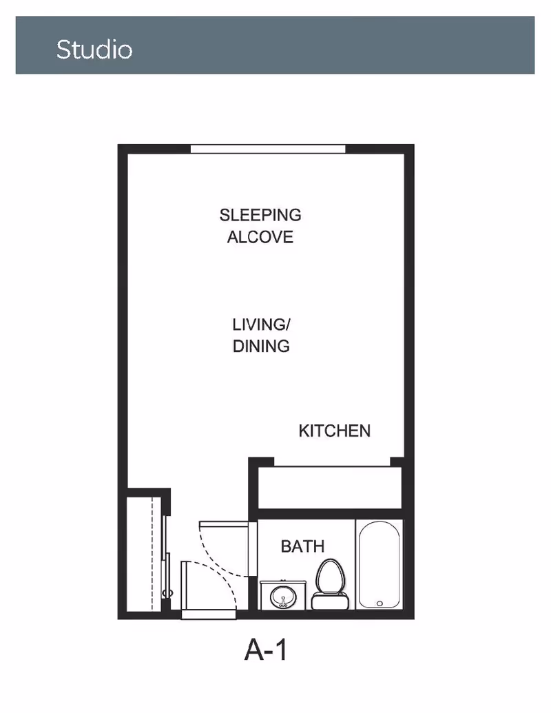 Floor plan layout of a studio apartment labeled A-1 at Holiday Montara Meadows, showing a sleeping alcove, living/dining area, kitchen, and bathroom with a sink, toilet, and bathtub.